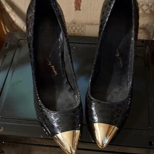 Pointed Black Pumps with Gold Cap Toe - Women's Dress Heels